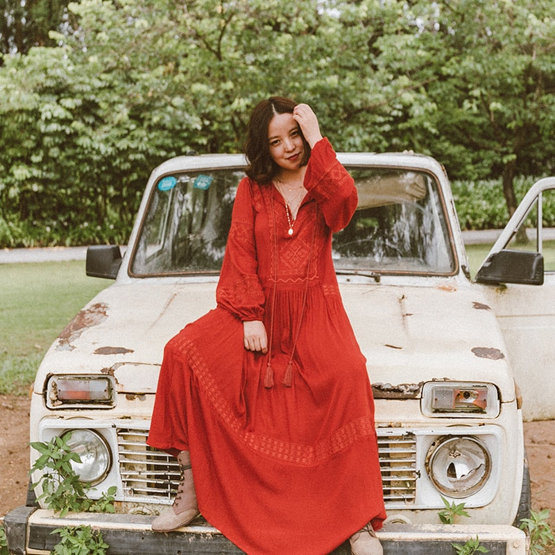 Shyla Boho Cotton Long Sleeve Red Dress