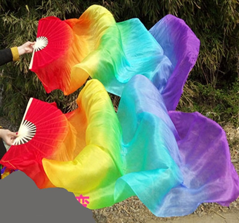 1Pair 100% Real Silk Dance Fan Gradient Stage Dance Silk Fans
