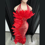 Valeria Red Halter Rhinestone Feather Stage Wear Performance Dress