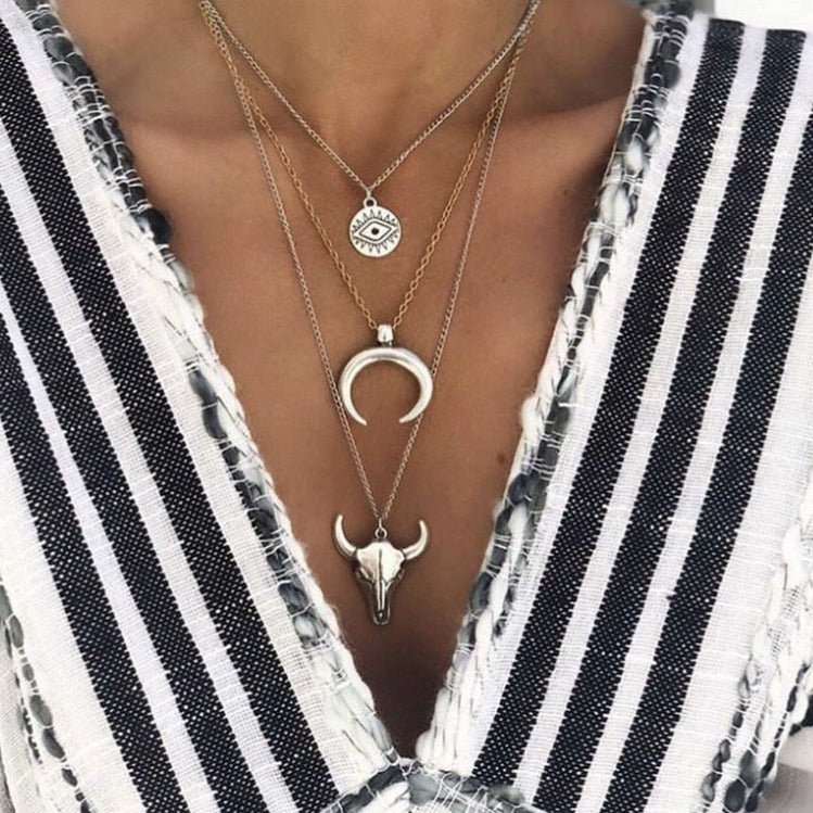 Evil Eye Moon Bull Head Multi Layer Necklace