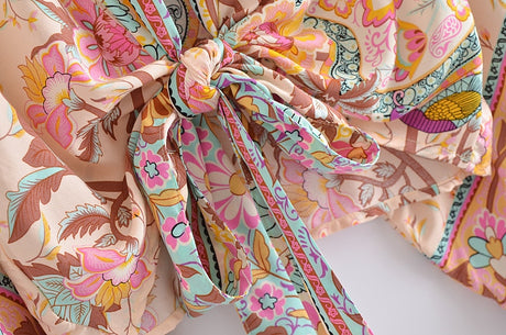 Boho Vintage Floral Print Short Kimono Wrap Tops