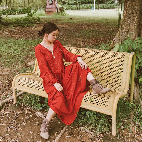 Shyla Boho Cotton Long Sleeve Red Dress