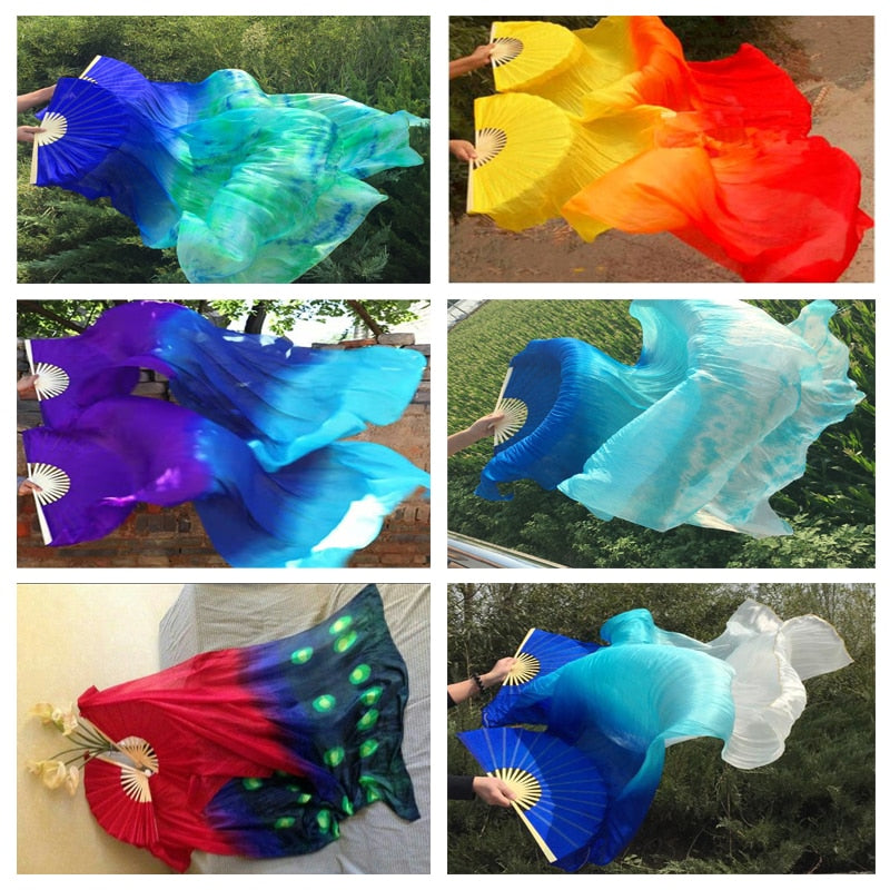 1Pair 100% Real Silk Dance Fan Gradient Stage Dance Silk Fans