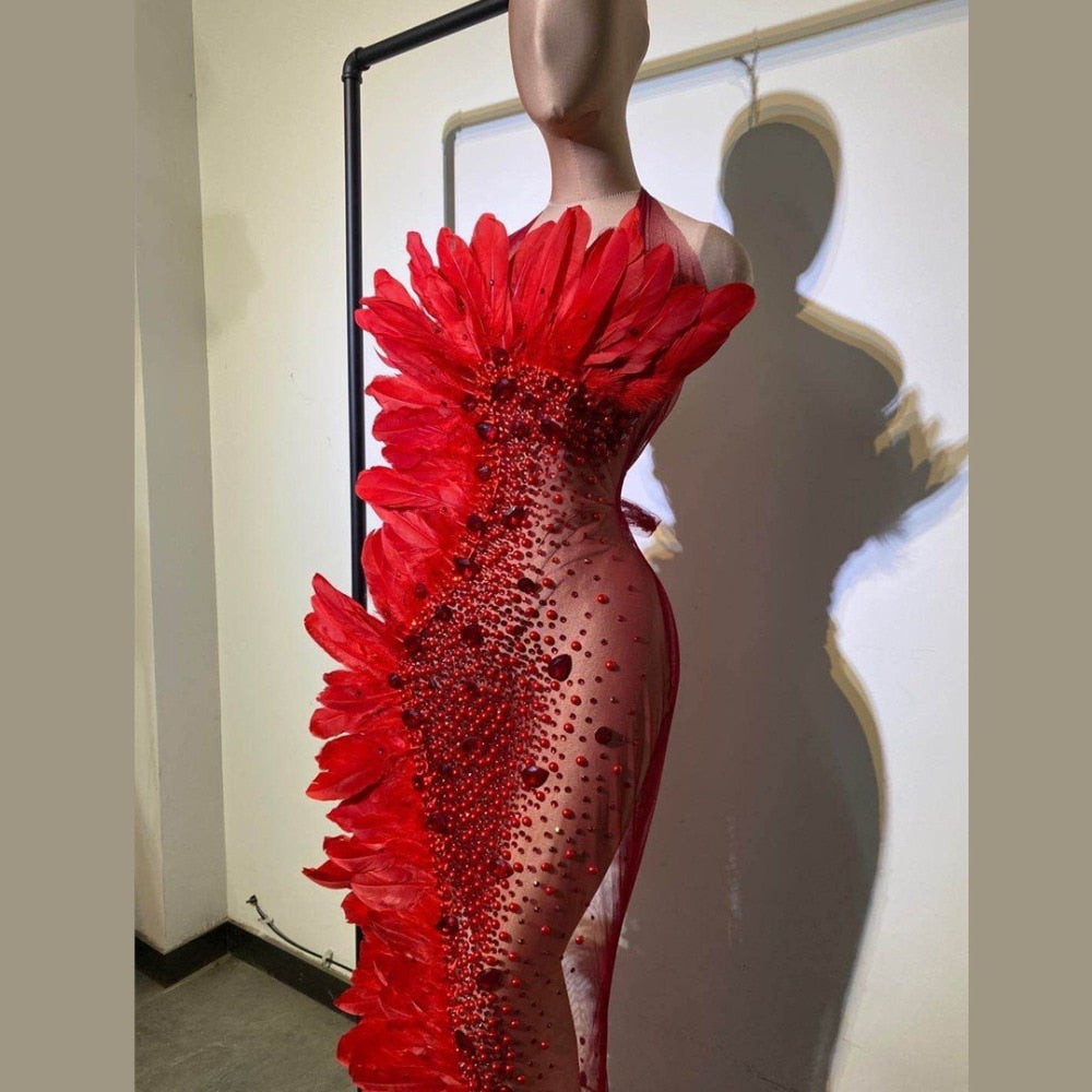 Valeria Red Halter Rhinestone Feather Stage Wear Performance Dress