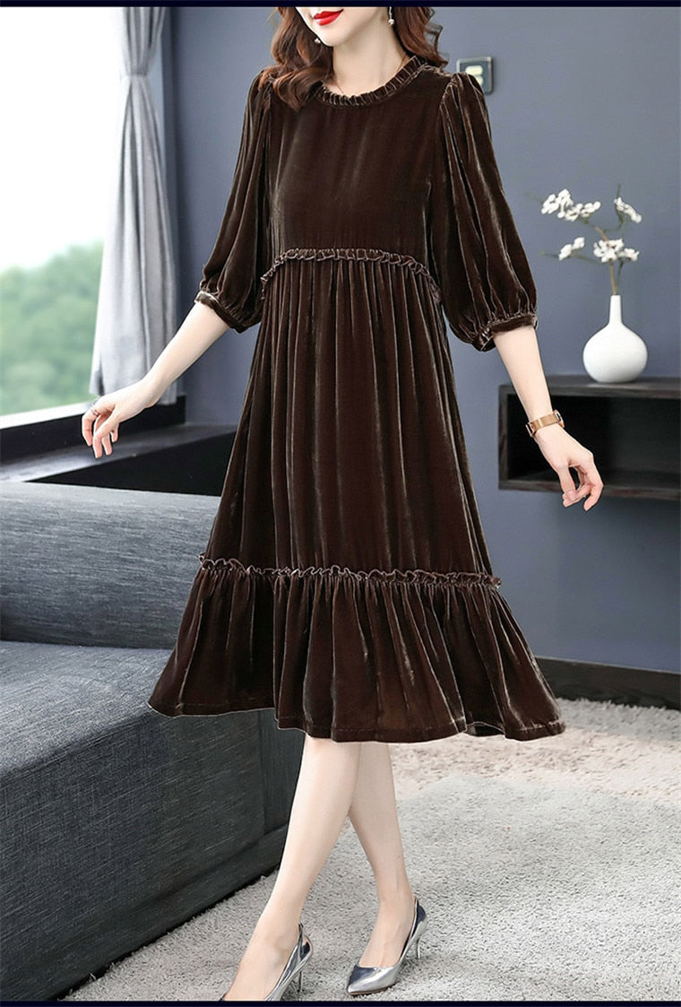Christine Ruffled Velvet Long Sleeve Dress