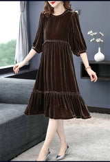 Christine Ruffled Velvet Long Sleeve Dress