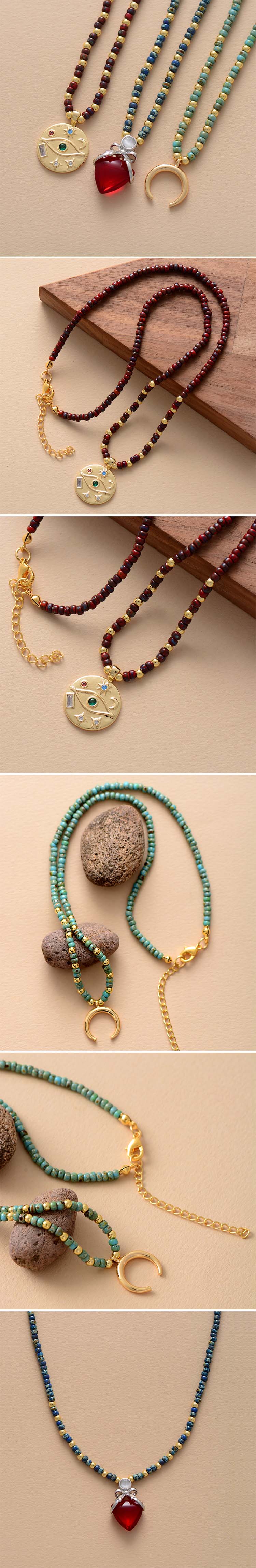 Horn Evil Eye Heart Pendant Glass Seed Beads Short Choker Necklaces