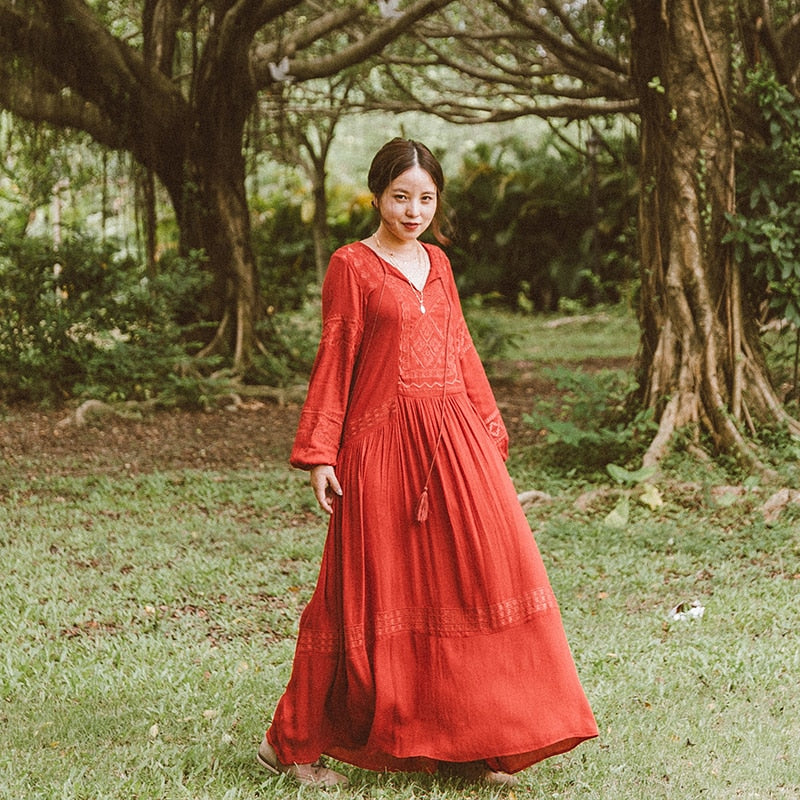 Shyla Boho Cotton Long Sleeve Red Dress Woodland Gatherer Australia