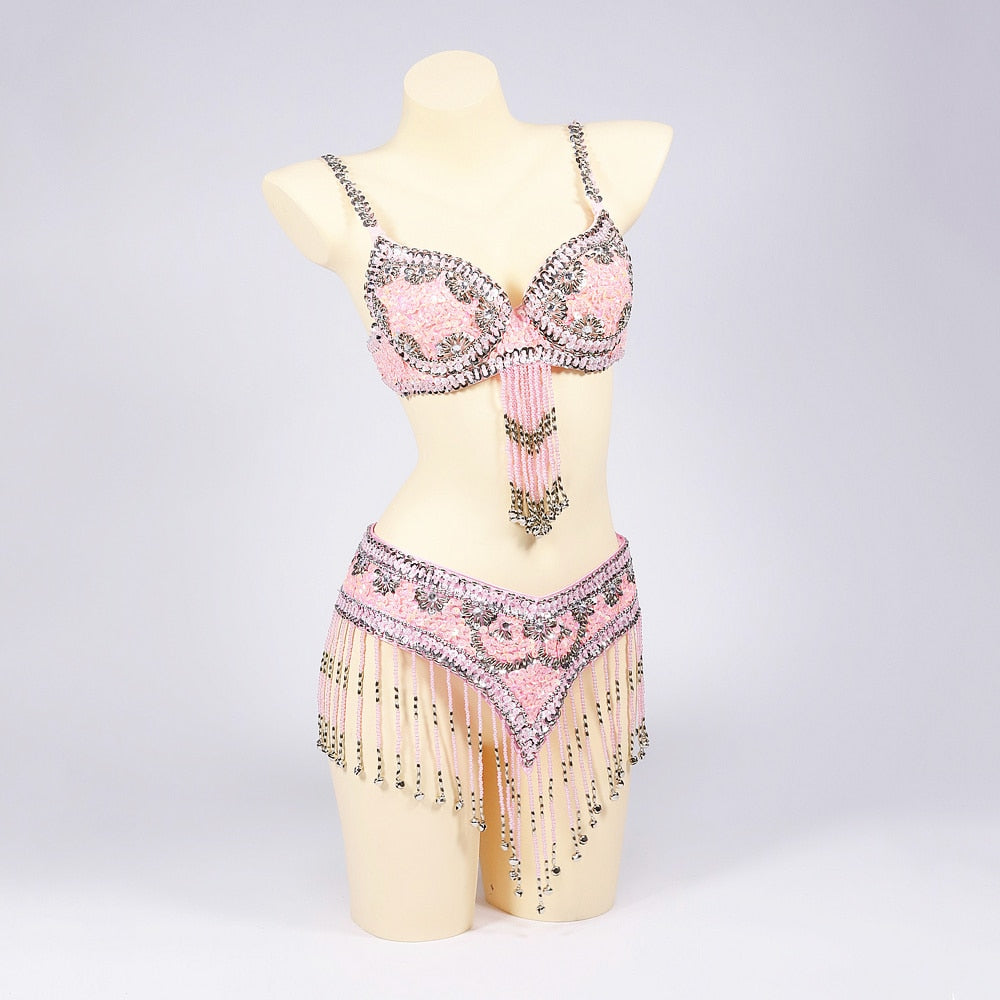 Belly Dancers Beaded Bra and Belt Set Belly Dance Costume Set with Bells