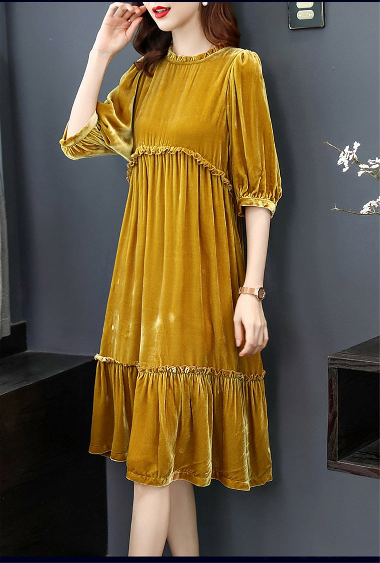 Christine Ruffled Velvet Long Sleeve Dress