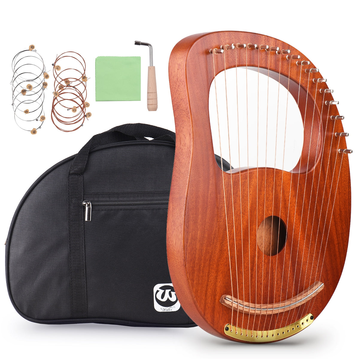 16-String Wooden Lyre Harp with Carry Bag, Tuning Wrench, Music Book