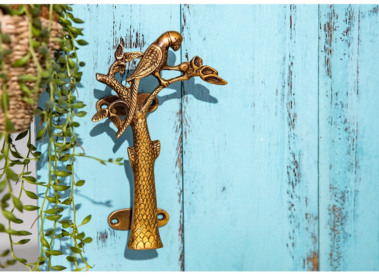 Parrot in a Tree Brass Door Pull Handmade Hardware