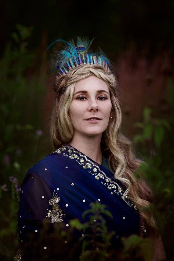 Blue Crystal Peacock Feather Goddess Crown