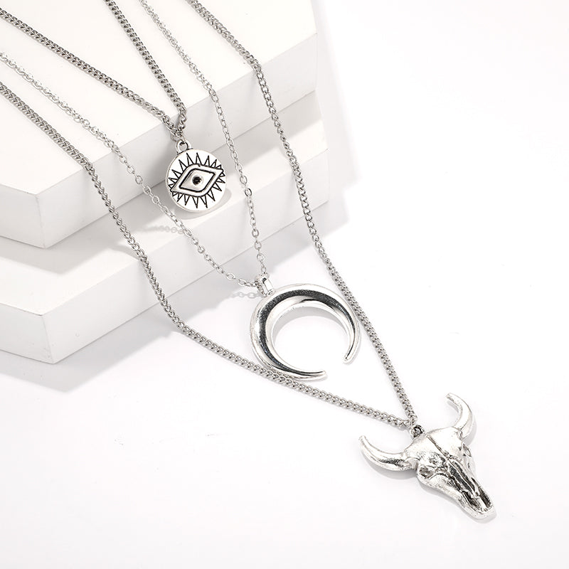 Evil Eye Moon Bull Head Multi Layer Necklace
