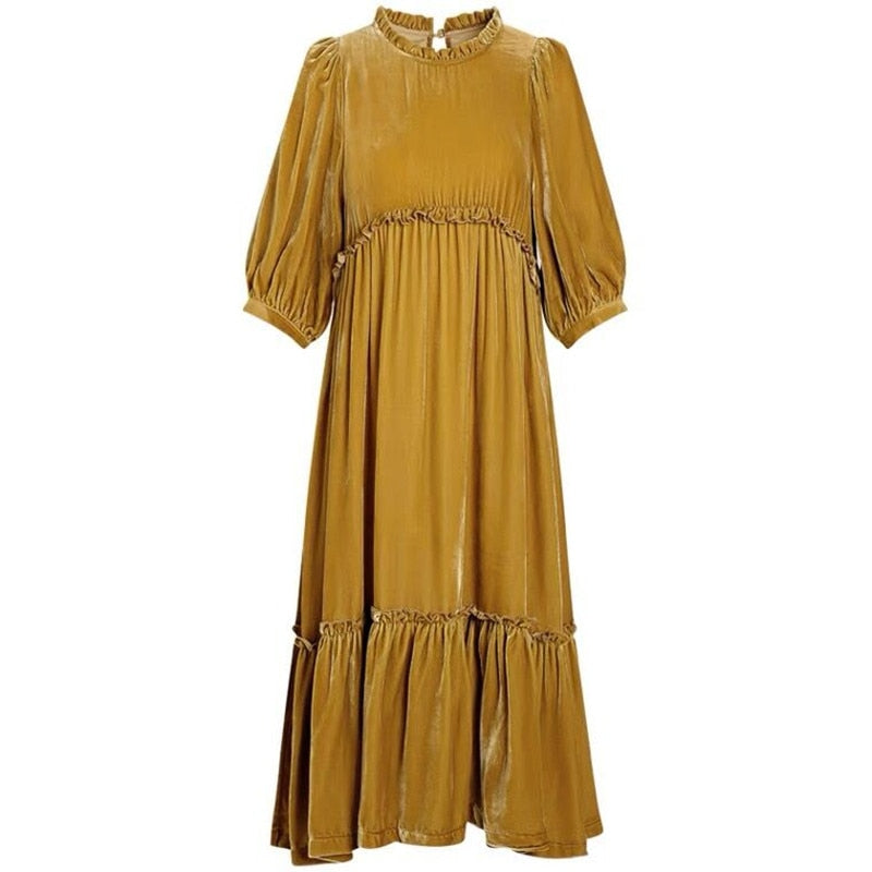 Christine Ruffled Velvet Long Sleeve Dress