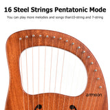 16-String Wooden Lyre Harp with Carry Bag, Tuning Wrench, Music Book