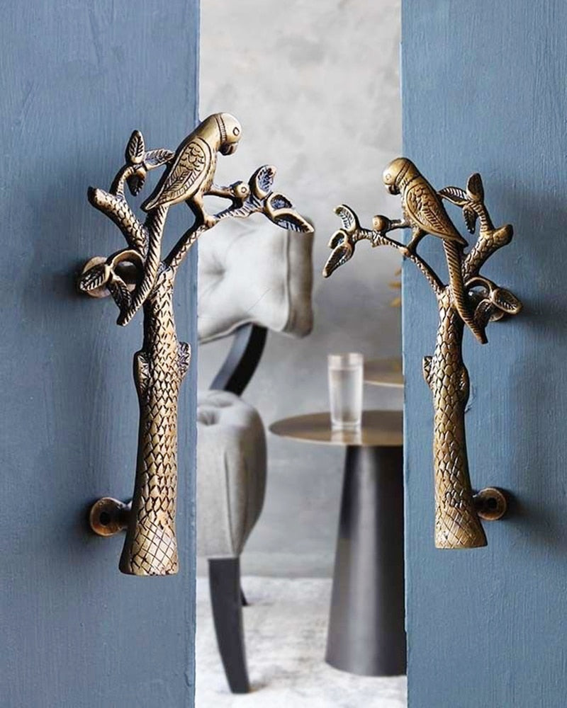 Parrot in a Tree Brass Door Pull Handmade Hardware