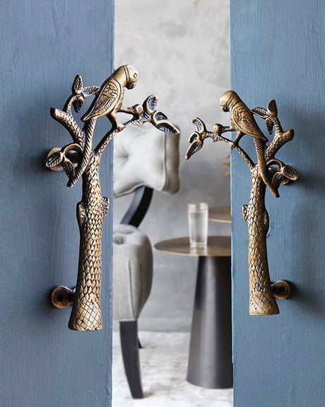 Parrot in a Tree Brass Door Pull Handmade Hardware