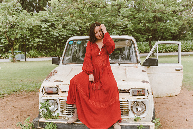 Shyla Boho Cotton Long Sleeve Red Dress