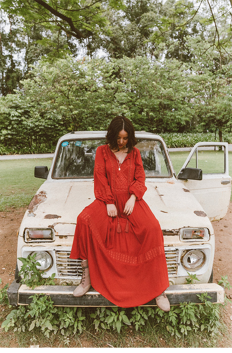 Shyla Boho Cotton Long Sleeve Red Dress
