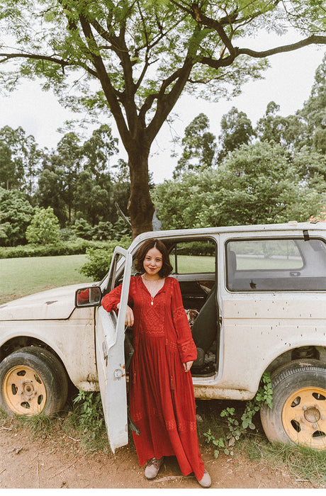 Shyla Boho Cotton Long Sleeve Red Dress