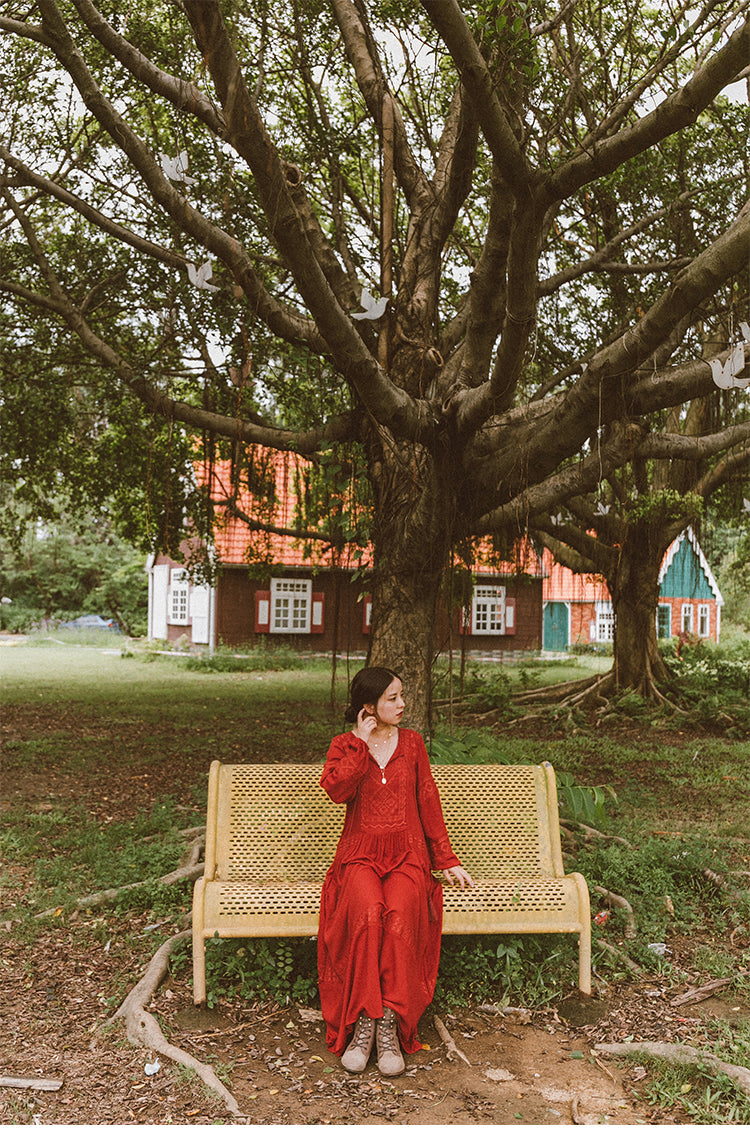 Shyla Boho Cotton Long Sleeve Red Dress