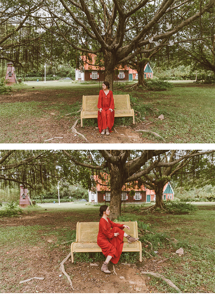 Shyla Boho Cotton Long Sleeve Red Dress