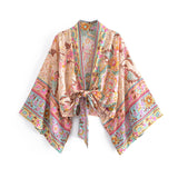 Boho Vintage Floral Print Short Kimono Wrap Tops