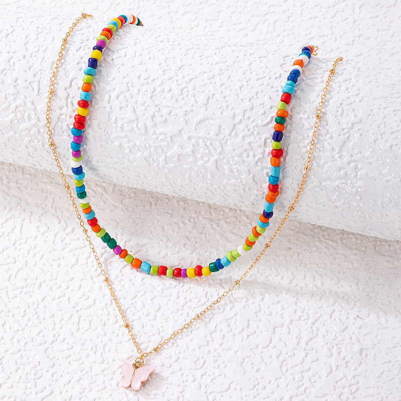 Necklace Set Multicolour Beads & Butterfly Pendant Necklaces