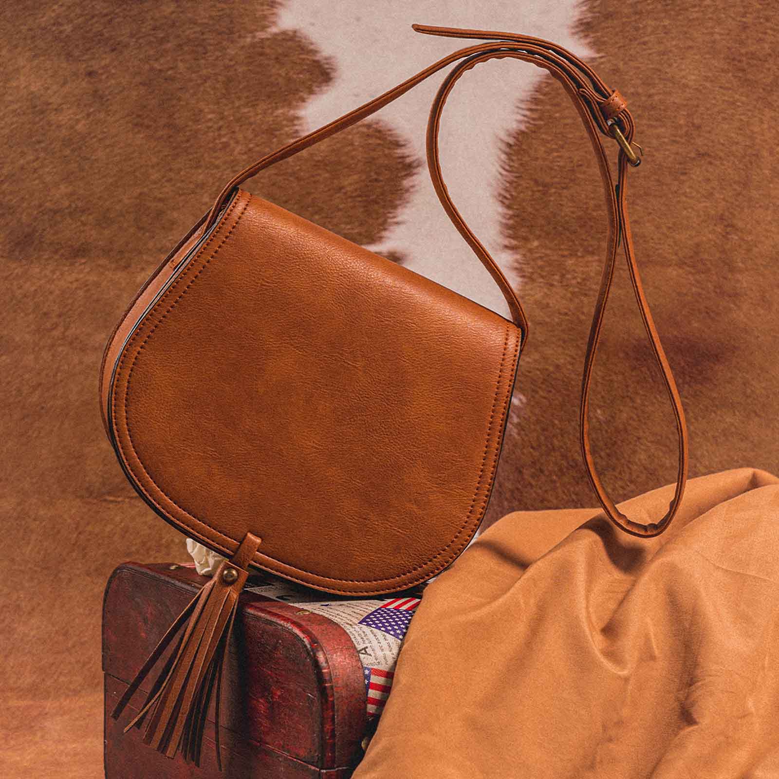 Shyla Vintage Tassel Crossbody Saddle Bag Faux Leather