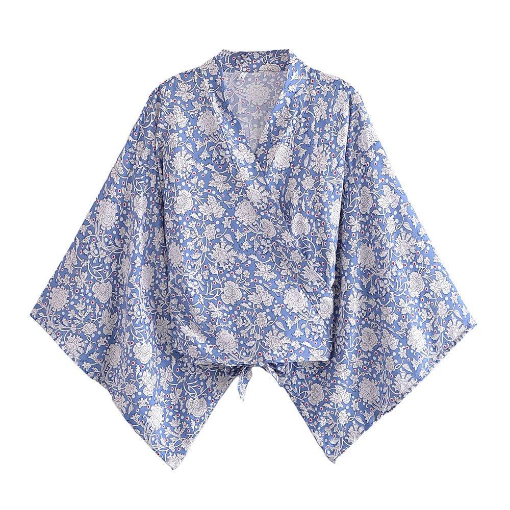 Boho Vintage Floral Print Short Kimono Wrap Tops