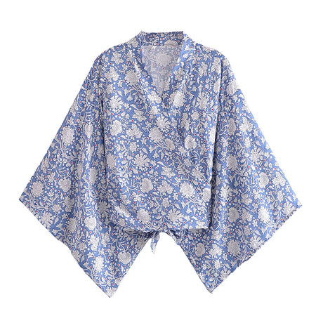 Boho Vintage Floral Print Short Kimono Wrap Tops