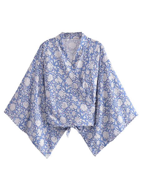 Boho Vintage Floral Print Short Kimono Wrap Tops
