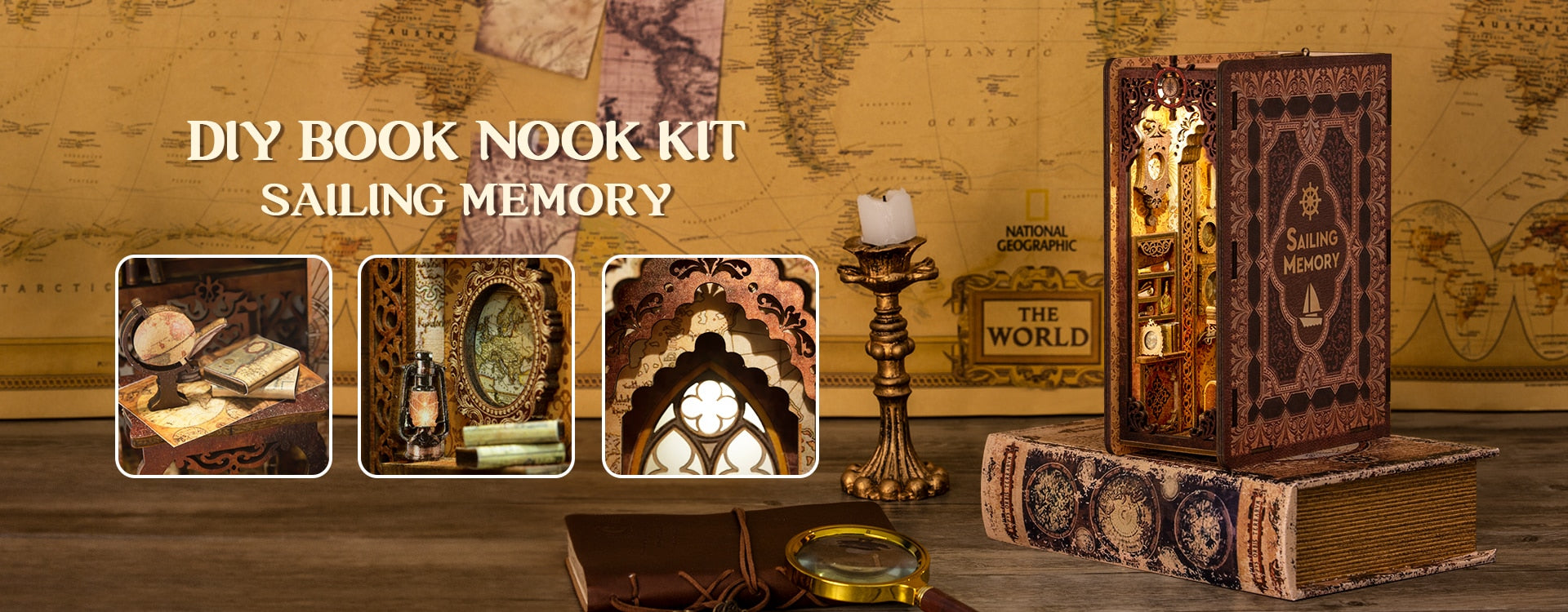 Sailing Memory DIY Book Nook Kit Miniature House with Furniture and Light Shelf Insert Model Kit