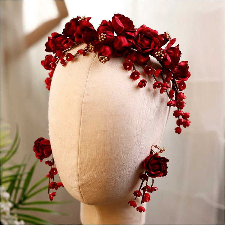 The Red Bride Flower Tiara and Earrings Set