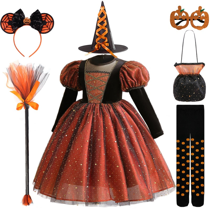Tabitha's Halloween Witch Girls Orange Costume and Accessories