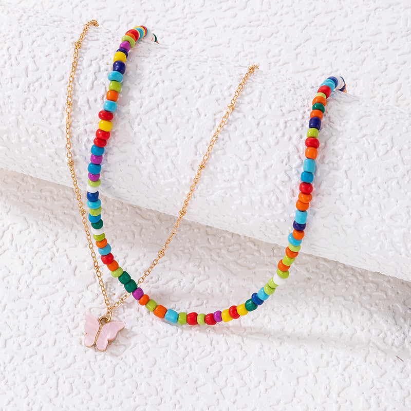 Necklace Set Multicolour Beads & Butterfly Pendant Necklaces