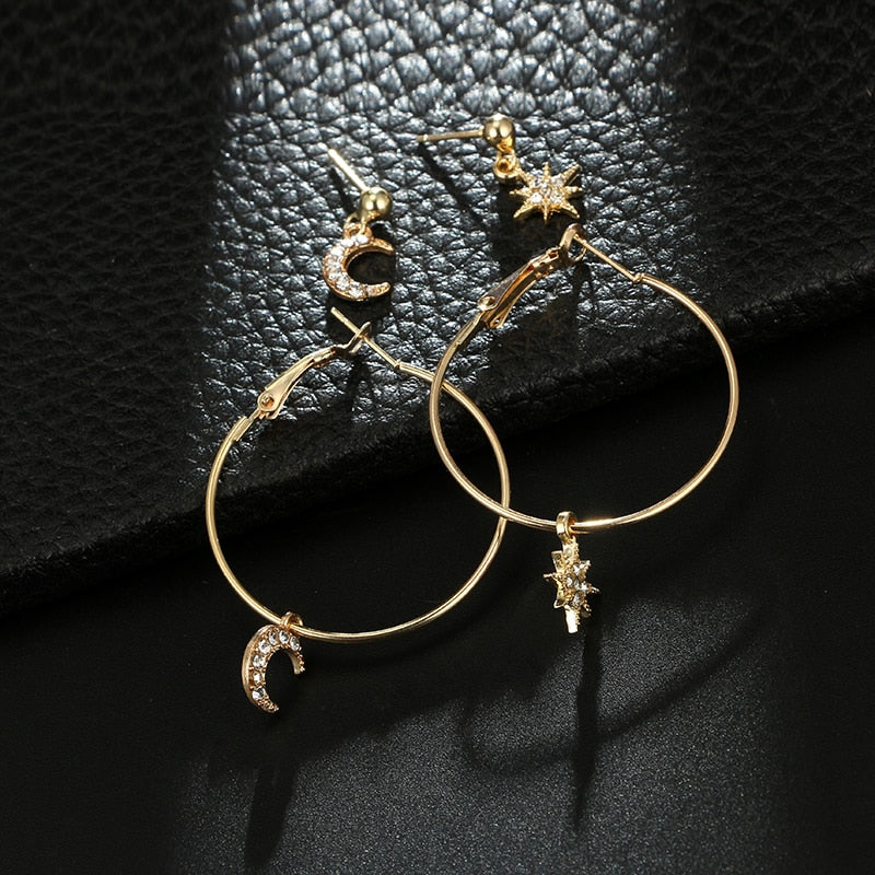 Lovely Star Moon Rhinestone Drop Earrings Set