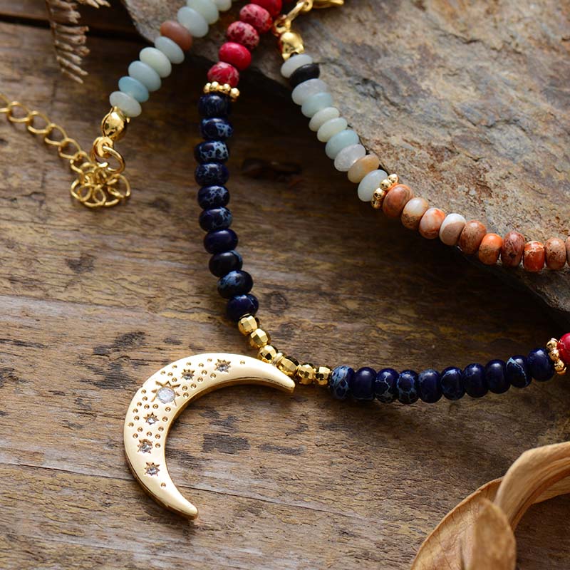 7 Chakra Jaspers Beads Moon Necklace