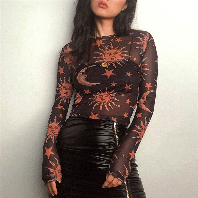 Celestial Mesh Sun Moon Long Sleeve T-Shirt