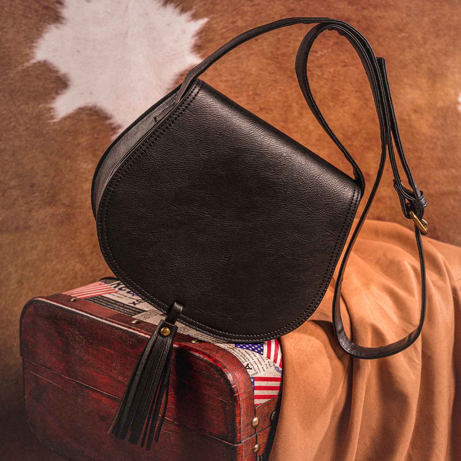Shyla Vintage Tassel Crossbody Saddle Bag Faux Leather