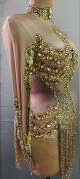 Caritta Sparkly Gold Rhinestones Fringe Leotard Bodysuit Performance Stage Wear