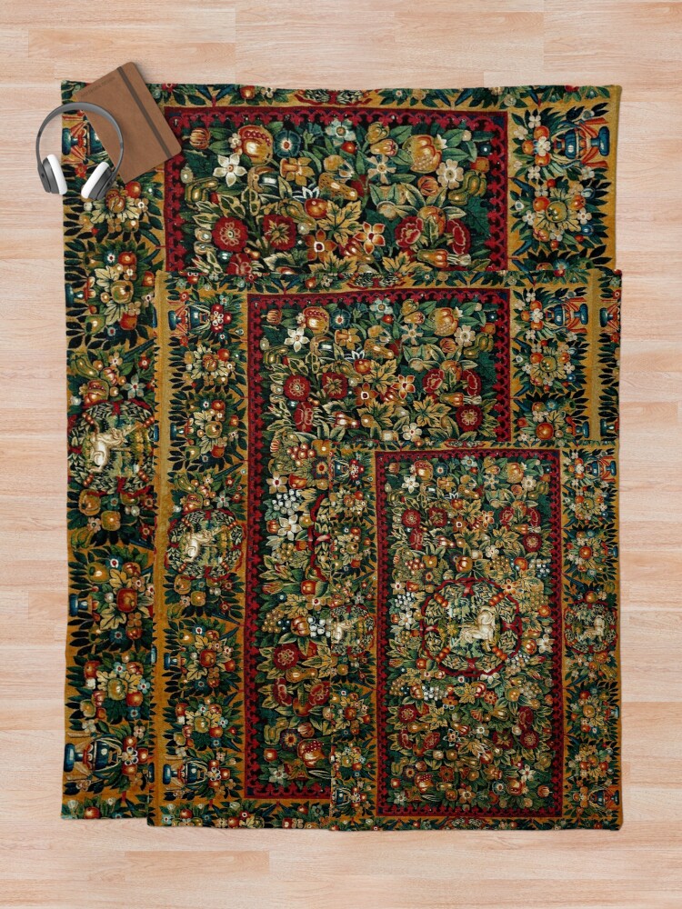Medieval Unicorn Floral Tapestry Throw Blanket
