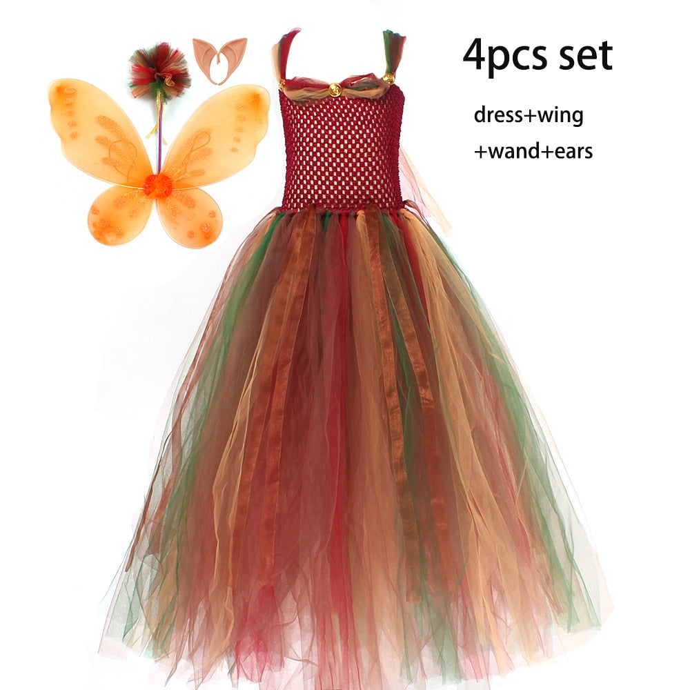 Woodland Fairy Princess Costume for Girls Fancy Tutu Dress with Wings