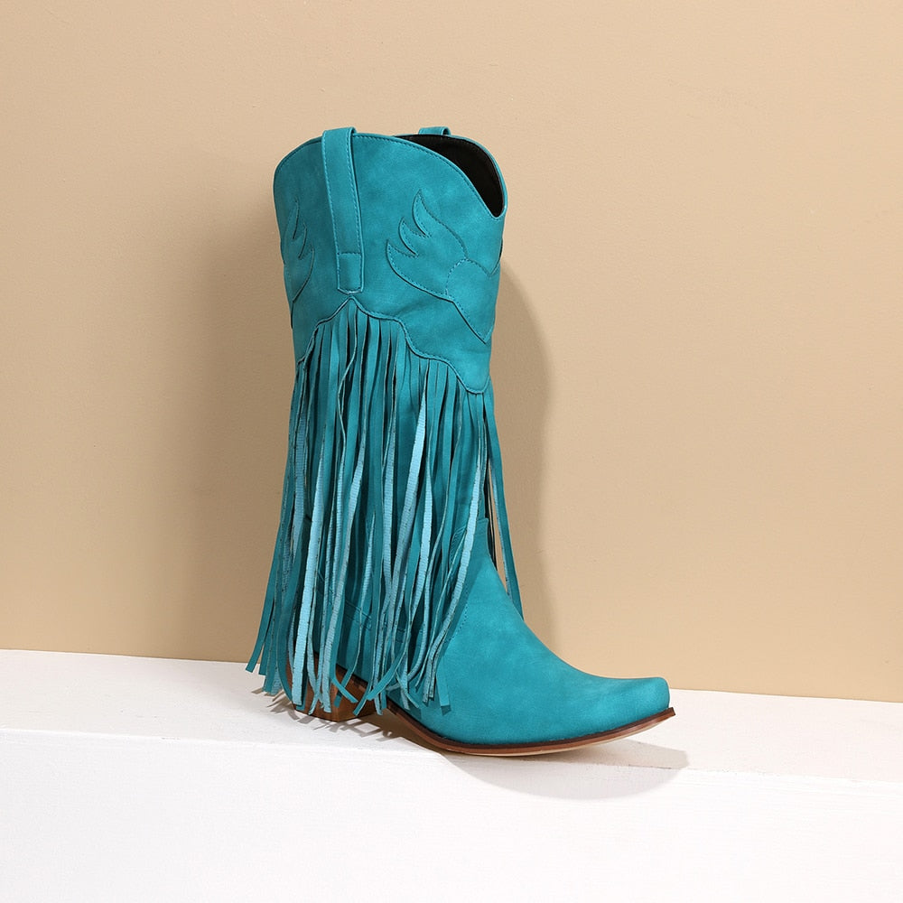 Daisy's Faux Suede Leather Fringed Cowgirl Boots