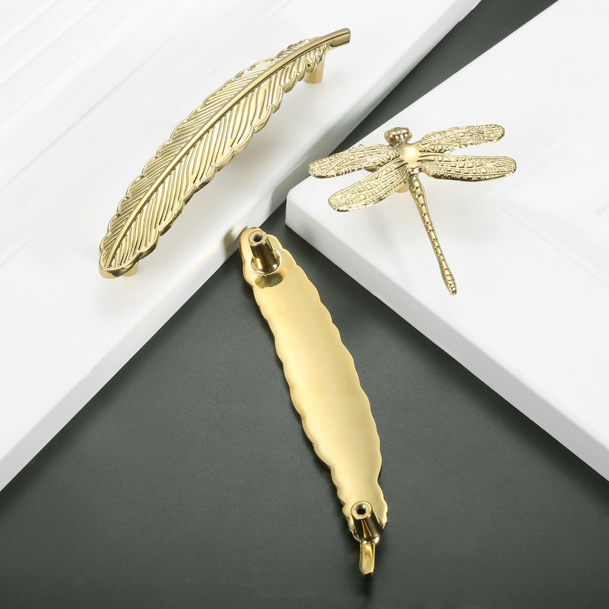 Brass Dragonfly and Feather Furniture Door Handles and Knobs