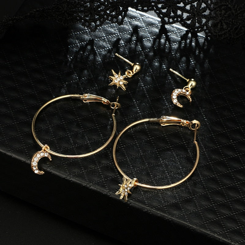 Lovely Star Moon Rhinestone Drop Earrings Set