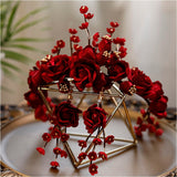 The Red Bride Flower Tiara and Earrings Set