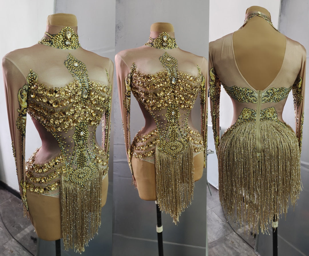 Caritta Sparkly Gold Rhinestones Fringe Leotard Bodysuit Performance Stage Wear