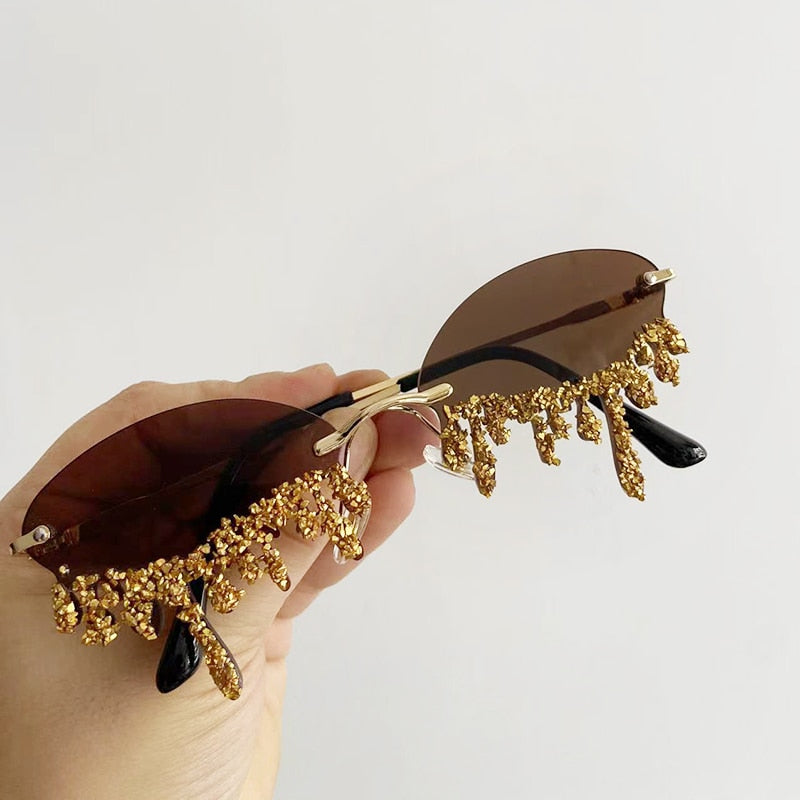Dripping in Frosting Oval Rimless Rhinestone Sunglasses